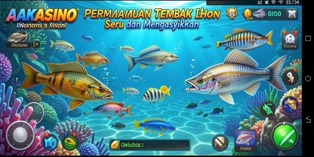 Tampilan gameplay AAKASINO yang menarik dengan berbagai ikan dan senjata.