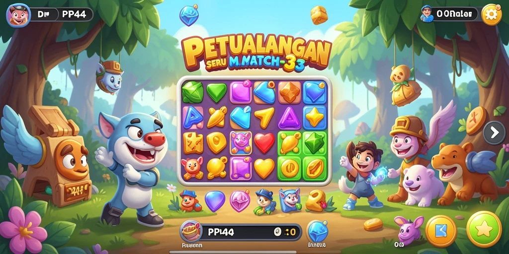 Screenshot gameplay seru PP444 dalam aksi Match-3.